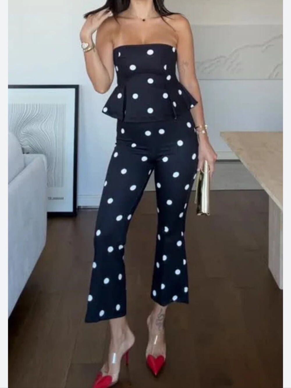 Women's Polka Dot Jumpsuit Summer Strapless Sleeveless Ruffles Hem Tube Top